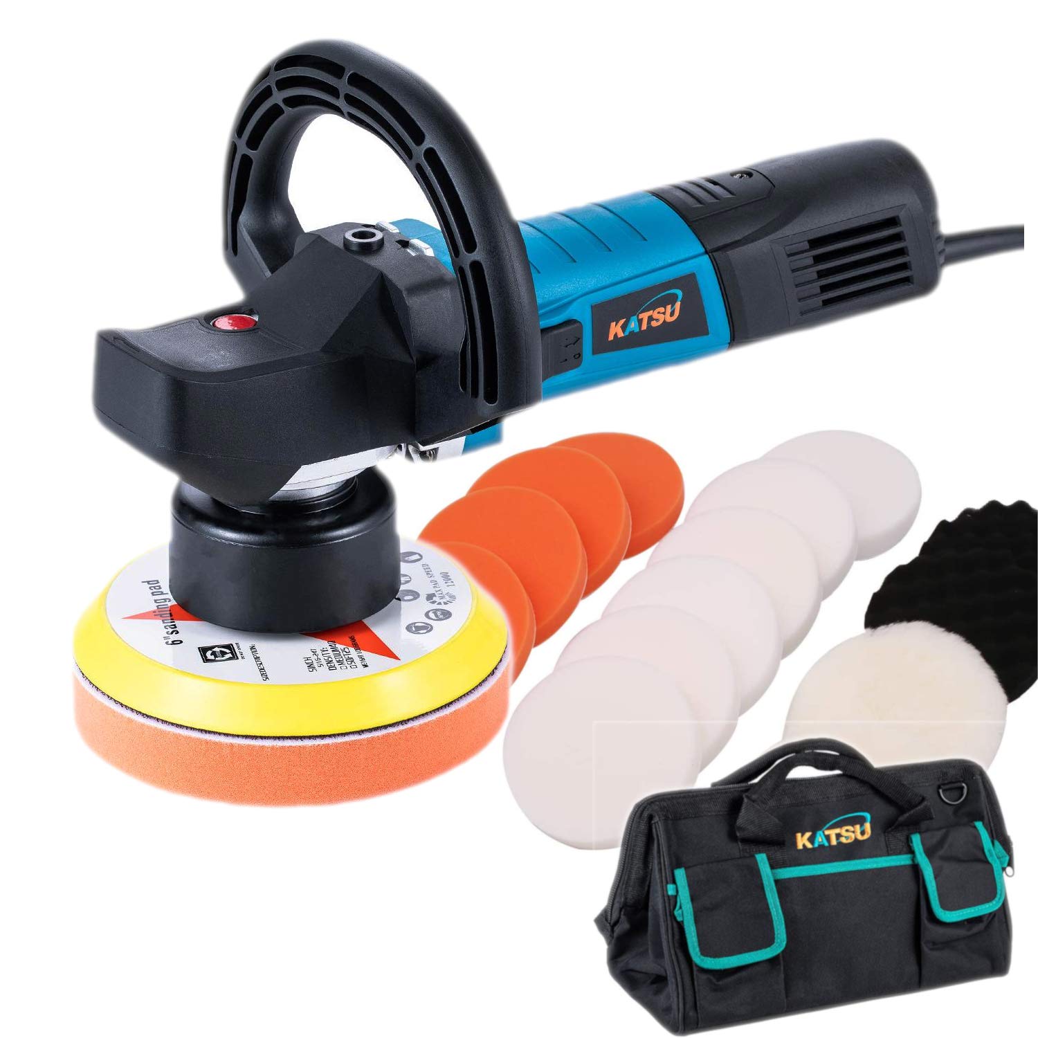 KATSU Dual Action Car Polisher, 850W 150mm Random Orbital Polisher, Electric Buffer Polishing Waxing Machine, 6 Variable Speeds, Car Detailing Kit with Polishing Sponge Set and Tool Bag 100371S