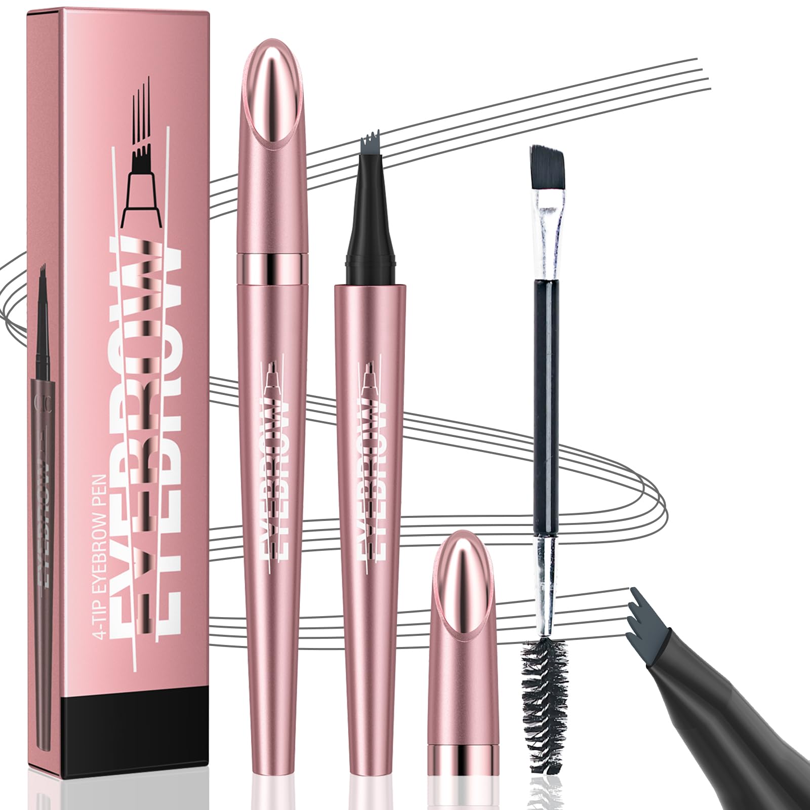 Eyebrow Pencil, Microblading Eyebrow Pen, Waterproof Liquid Brow Pencils with 4 Micro-Fork Tips & Dual-ended Brow Brush, Long-lasting Smudgeproof Precise Brow Pen Creates Natural Hair-Like Brow (Grey)