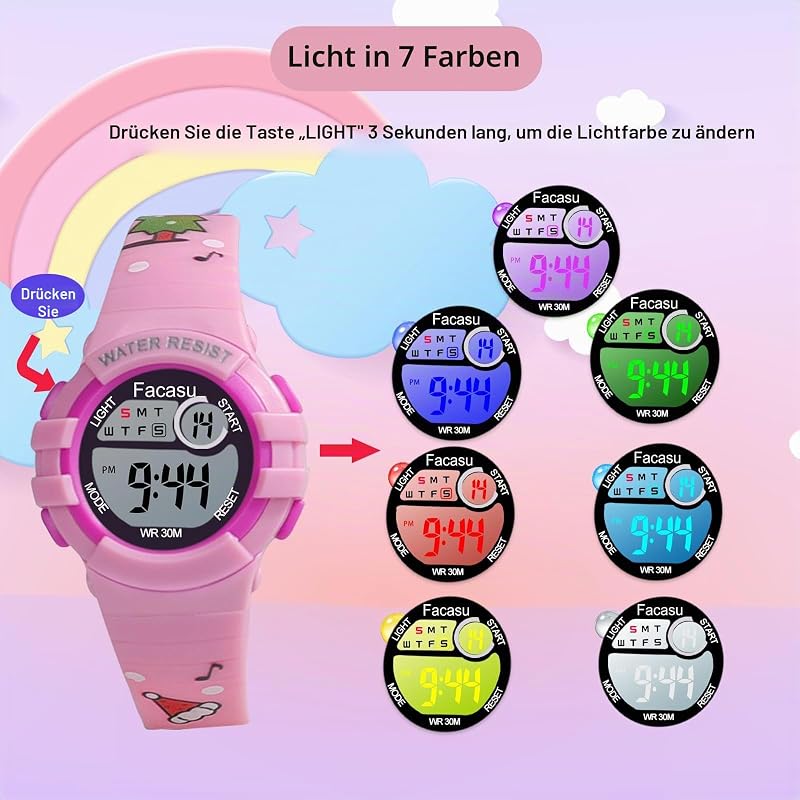 Kinderuhr Digital Mädchen Jungen,wasserdichte Kinderuhr,Bunt Light,Outdoor Sport Armbanduhr Kinder,Einfaches Ablesen Einstellen der Uhrzeit mit Stoppwatch Alarm für Kinder 4-8 — Foto 3 von 7