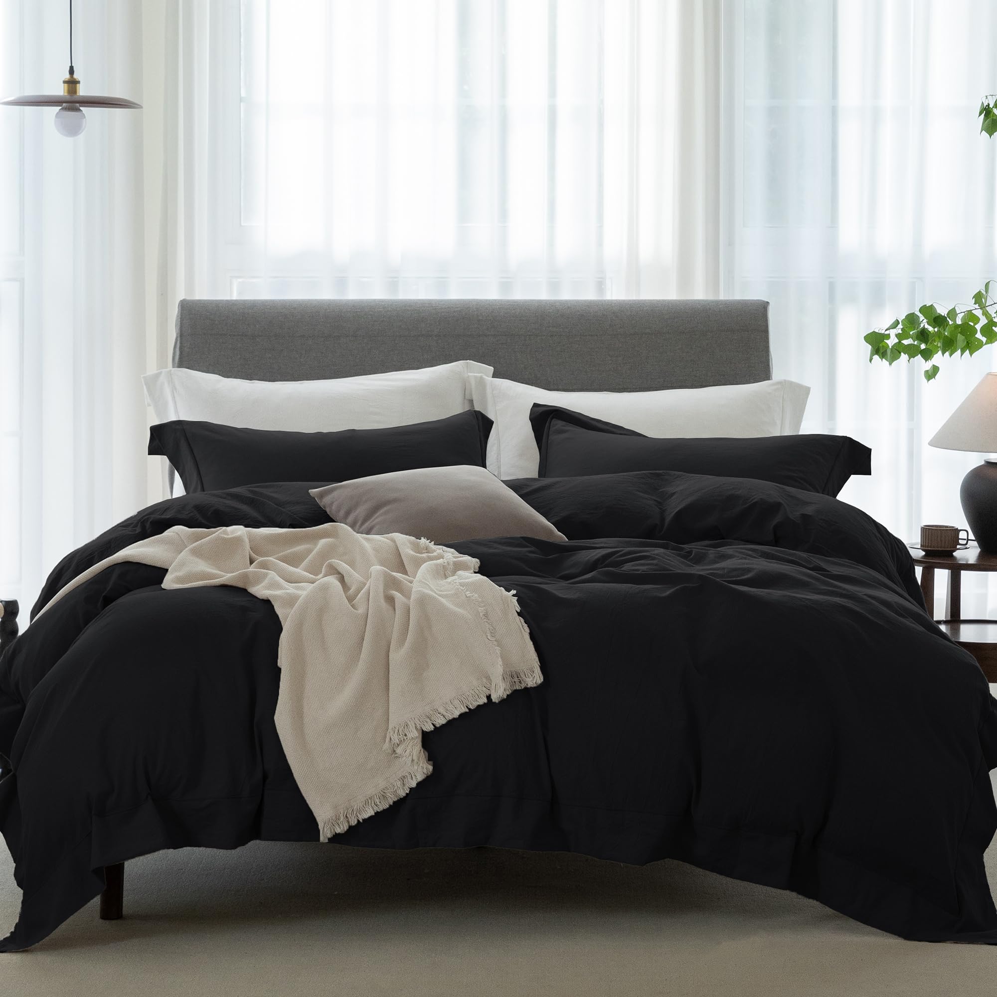 Photo 1 of ELIMMO Cooling Full Duvet Cover Set 3 Pieces-100% Washed Cotton with Chic Wide Trim Design Linen Like Textured Ultra Soft Cozy Bedding with Zipper Closure(Hemmed Solid Black,Full 80"x90")