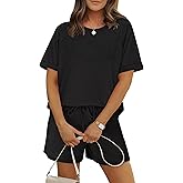 WIHOLL Two Piece Short Sets for Women Casual Summer Outfits Short Sleeve Crew Neck Lounge Matching Set