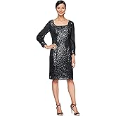 Alex Evenings Womens Short Sequin Sheath Cocktail Dress with Square Neck and Illusion Sleeves (Petite and Regular Sizes)