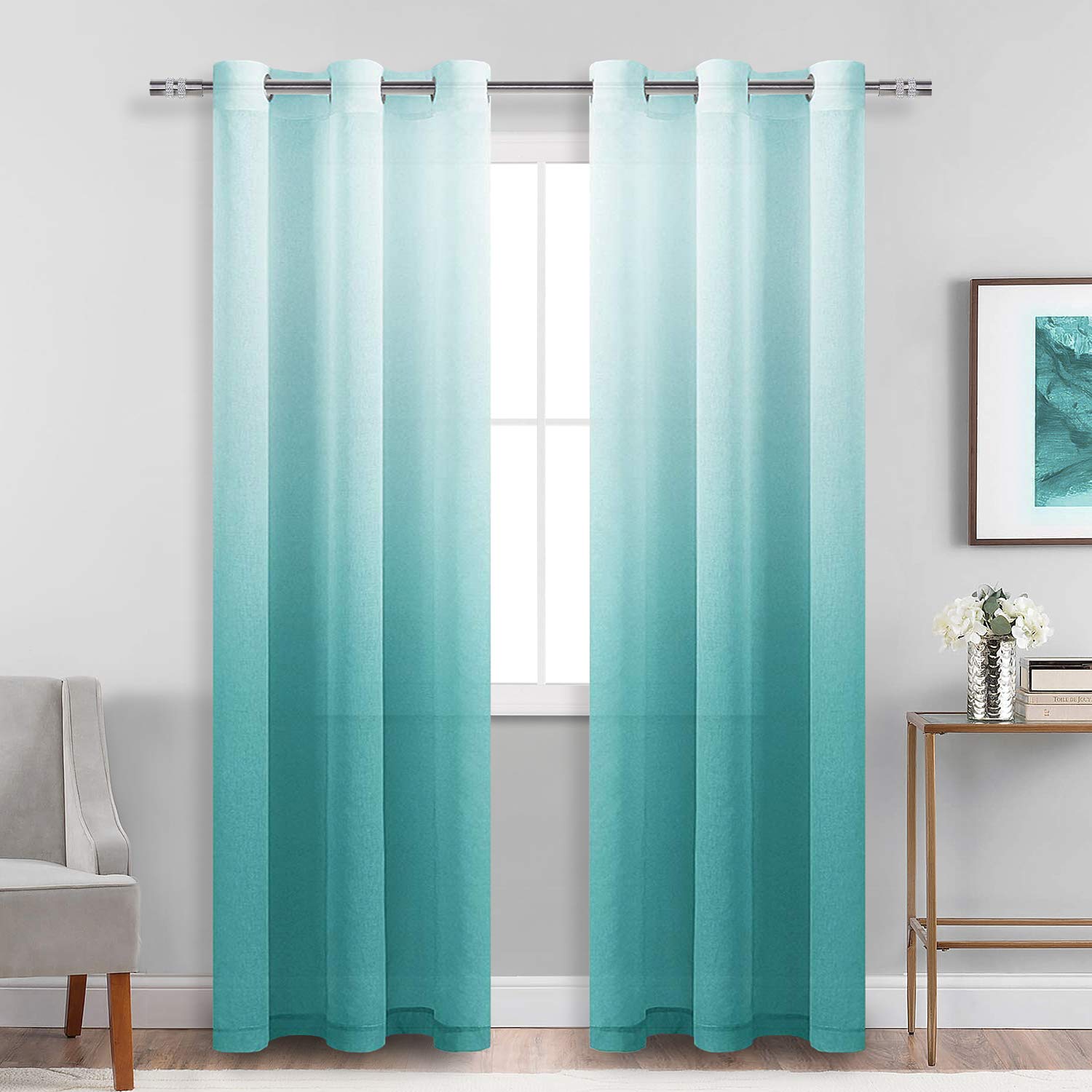 DWCN Faux Linen Ombre Sheer Curtains - Gradient Semi Voile Grommet Top Window Curtains for Bedroom and Living Room, Set of 2 Panels, 42 x 84 Inches Long, Teal