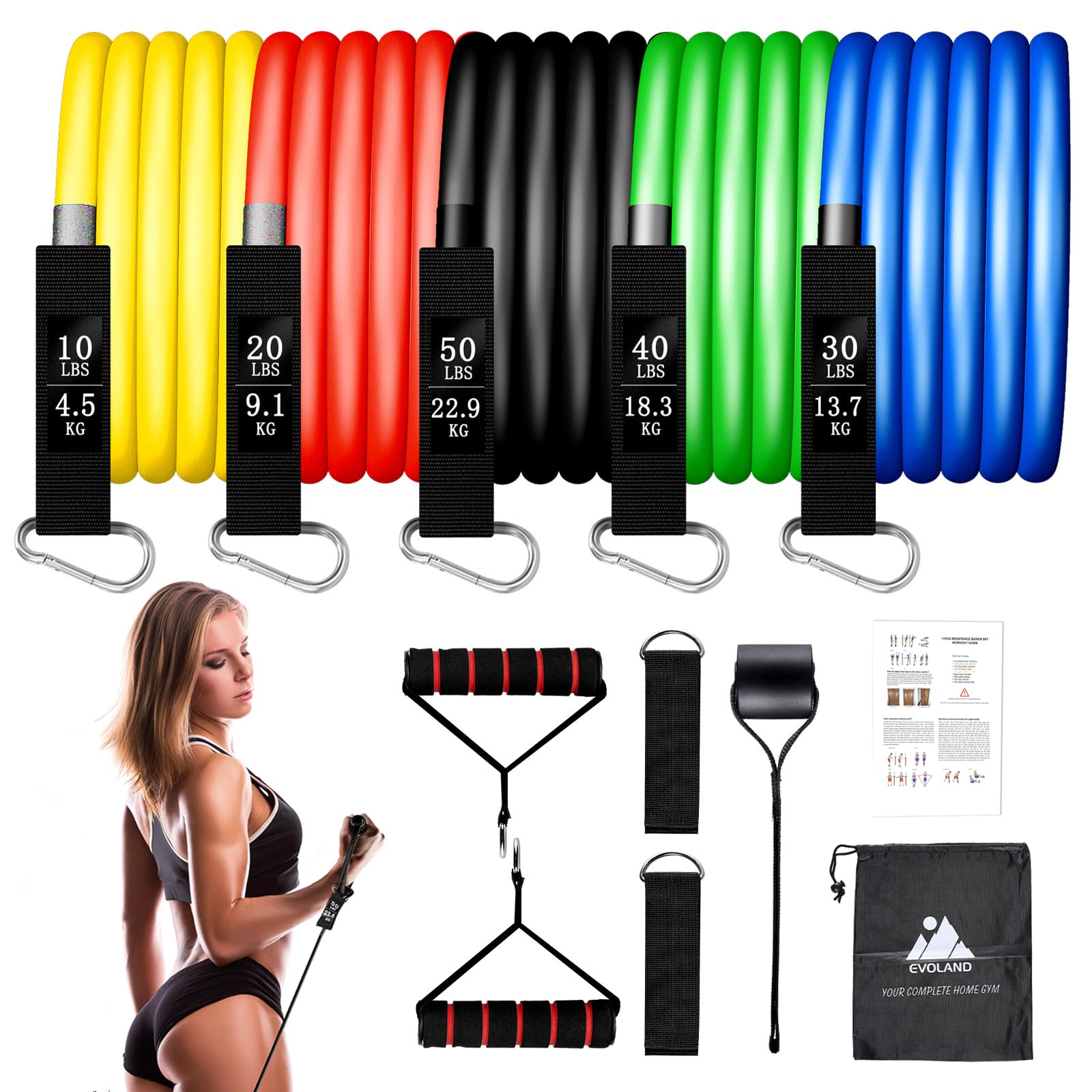 EVOLAND Resistance Bands Set with 5 Exercise Fitness Tubes, Handles, Ankle Straps, Door Anchor and Carry Bag - Home Gym Equipment for Full Body Workouts