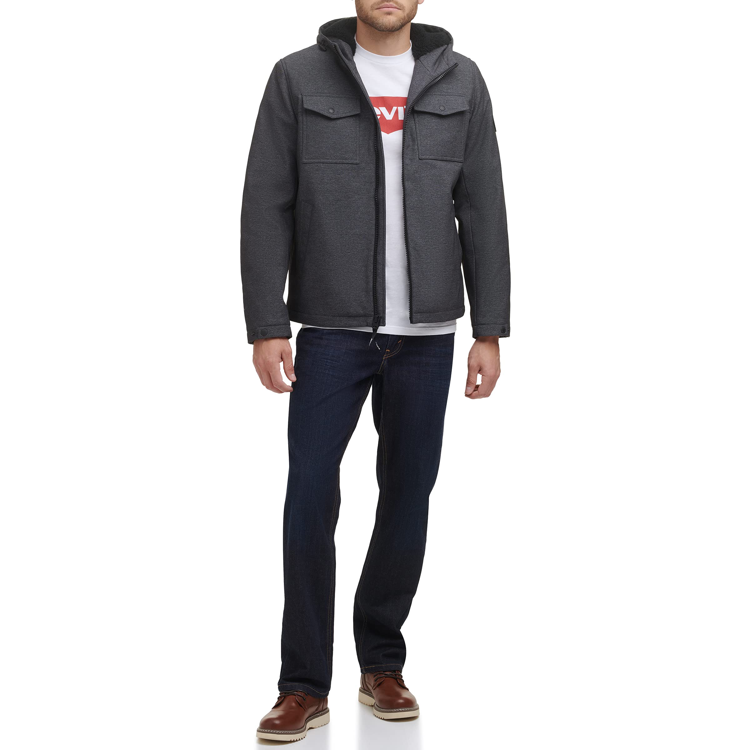 Levi's Men's Soft Shell Two Pocket Sherpa Lined Hooded Trucker Jacket Graphit... for sale online