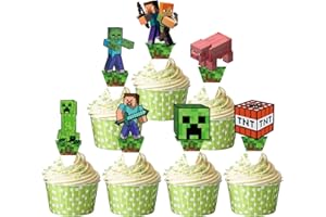 JENJEN TRADITION Pixel Style Cupcake Toppers – Miner Video Game Theme Decorations for Kids Birthday, 7 Designs Cake Picks for Boys and Girls, Birthday Party & Dessert Table Supplies
