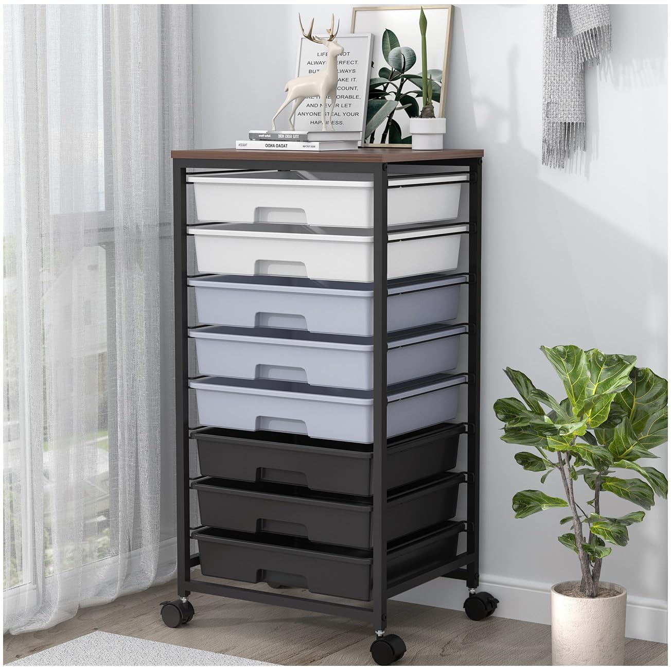View 1 of SYKIARIOL Rolling Storage Cart with Drawers,Utility Cart with 8 Drawers and Wooden Tabletop,Rolling Drawer Cart,Storage Drawer Cart for Living Room,Classroom,Bedroom,Bathroom,Dorm,Office,Dark Grey
