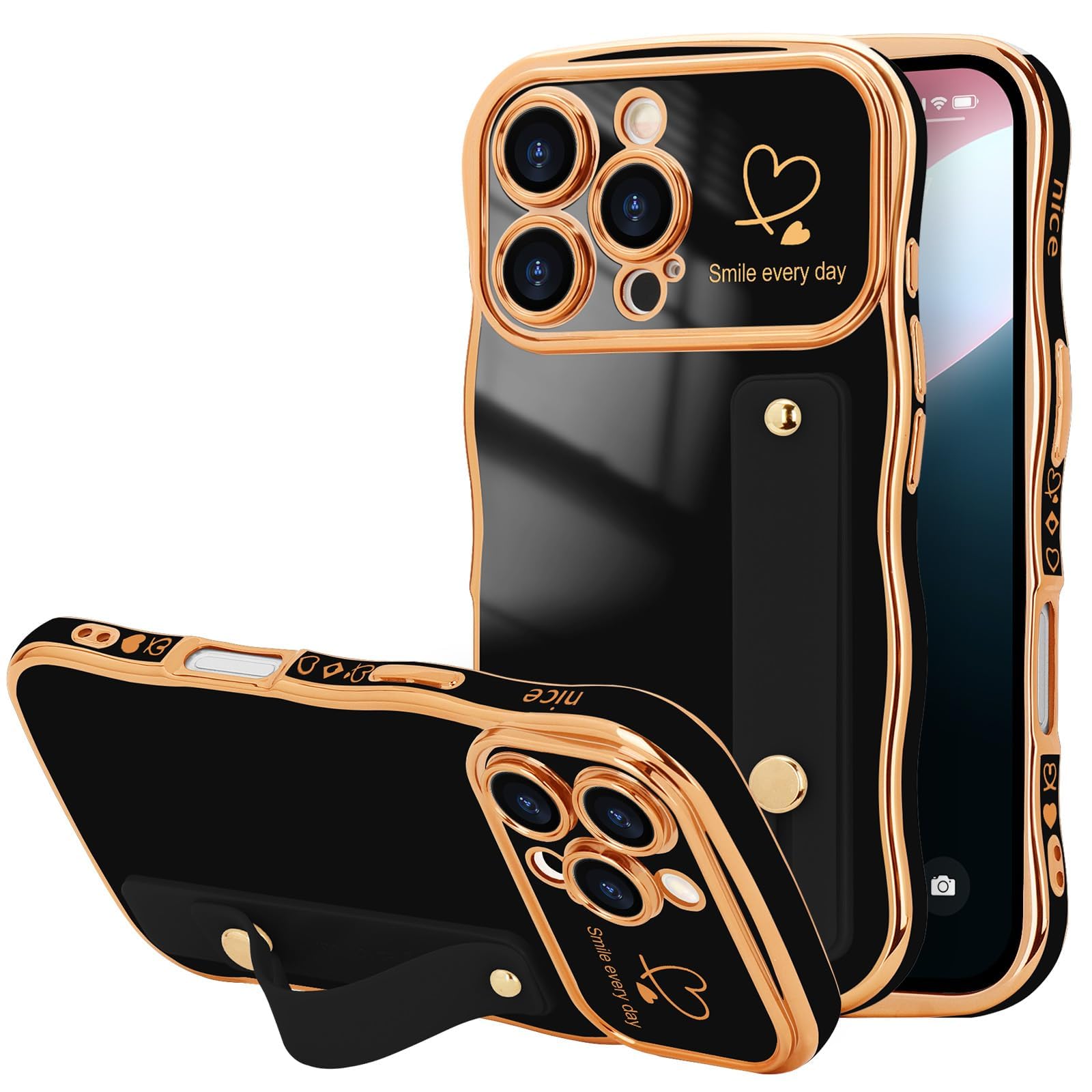 LLZ.COQUE for iPhone 16 Pro Case, Luxury Plating Love-Heart Wave Frame Shape Design, Adjustable Hand Strap Stand Cover, Shockproof Bumper Girls Women Phone Case for iPhone 16 Pro, Black