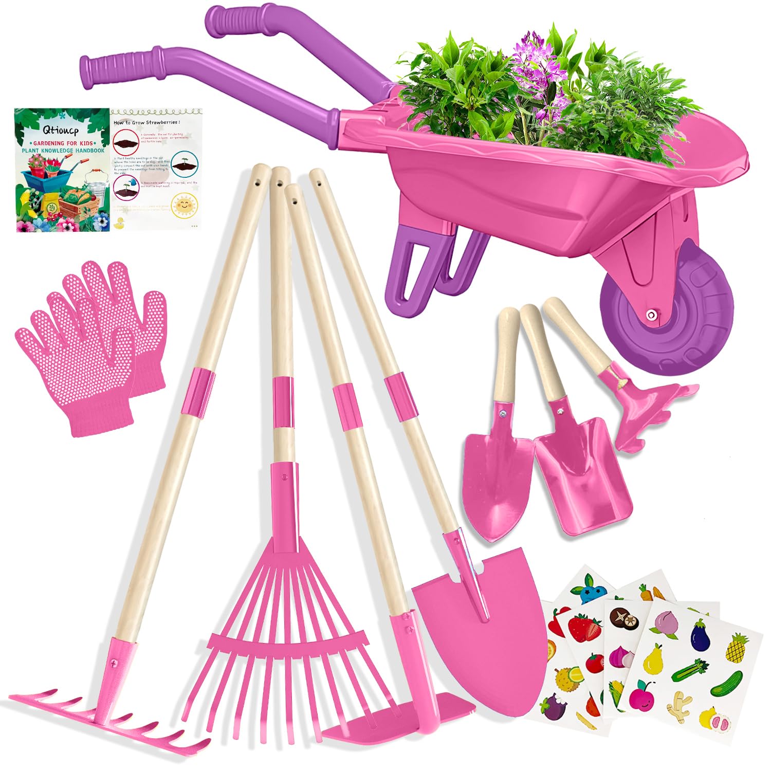 Qtioucp Kids Gardening Tools Outdoor Toys Set Backyard Play with Wheelbarrow Educational STEM Learning Pretend Toys Outdoor Indoor for Toddlers Kids Boys Girls Image