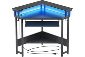 Rolanstar Corner Desk,44.5" W x 34.5" H Small Computer Desk with Power Outlets, Gaming Desk with LED Lights, Triangle Corner Table with Keyboard Tray & Monitor Stand for Small Space, Black