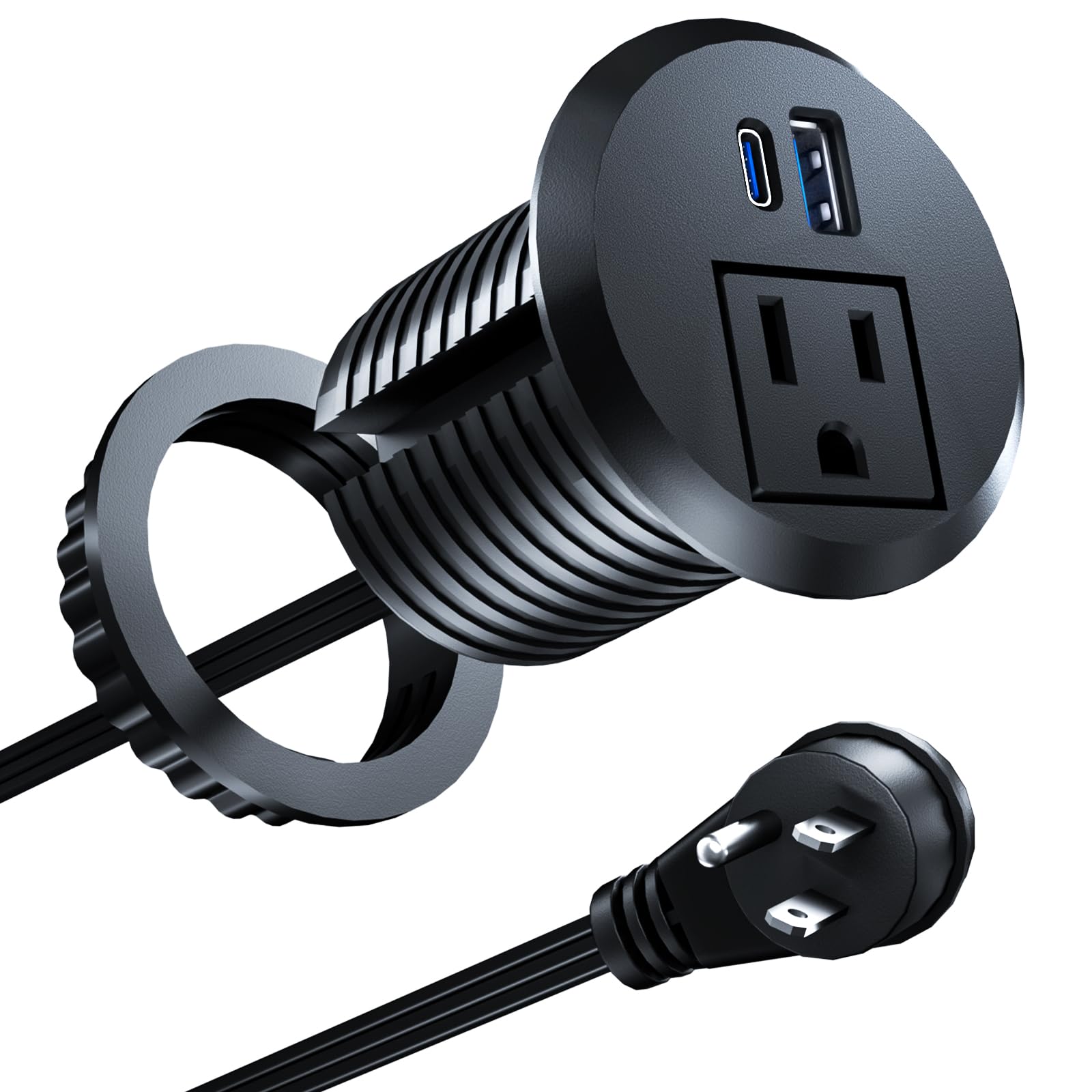 Photo 1 of Recessed Power Grommet with 20W USB C Fast Charging, 2 inch Conference Recessed Outlet,Flush Mount for Desk,Office Tables,Furniture,6FT Cord, 45° Thin Flat Plug (Black, Grommet Outlet)
