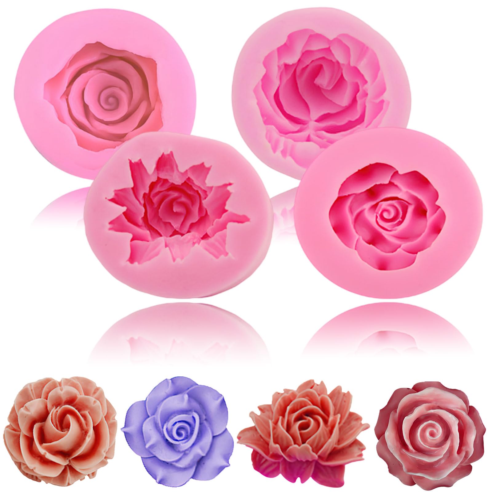 Photo 1 of 4pcs Rose Flower Combo Fondant Silicone Cake Sugarcraft Molds Handmade 3D Cavity Flower Cake Resin Mold Crafting Candy Chocolate Cupcake Kitchen Baking Tools