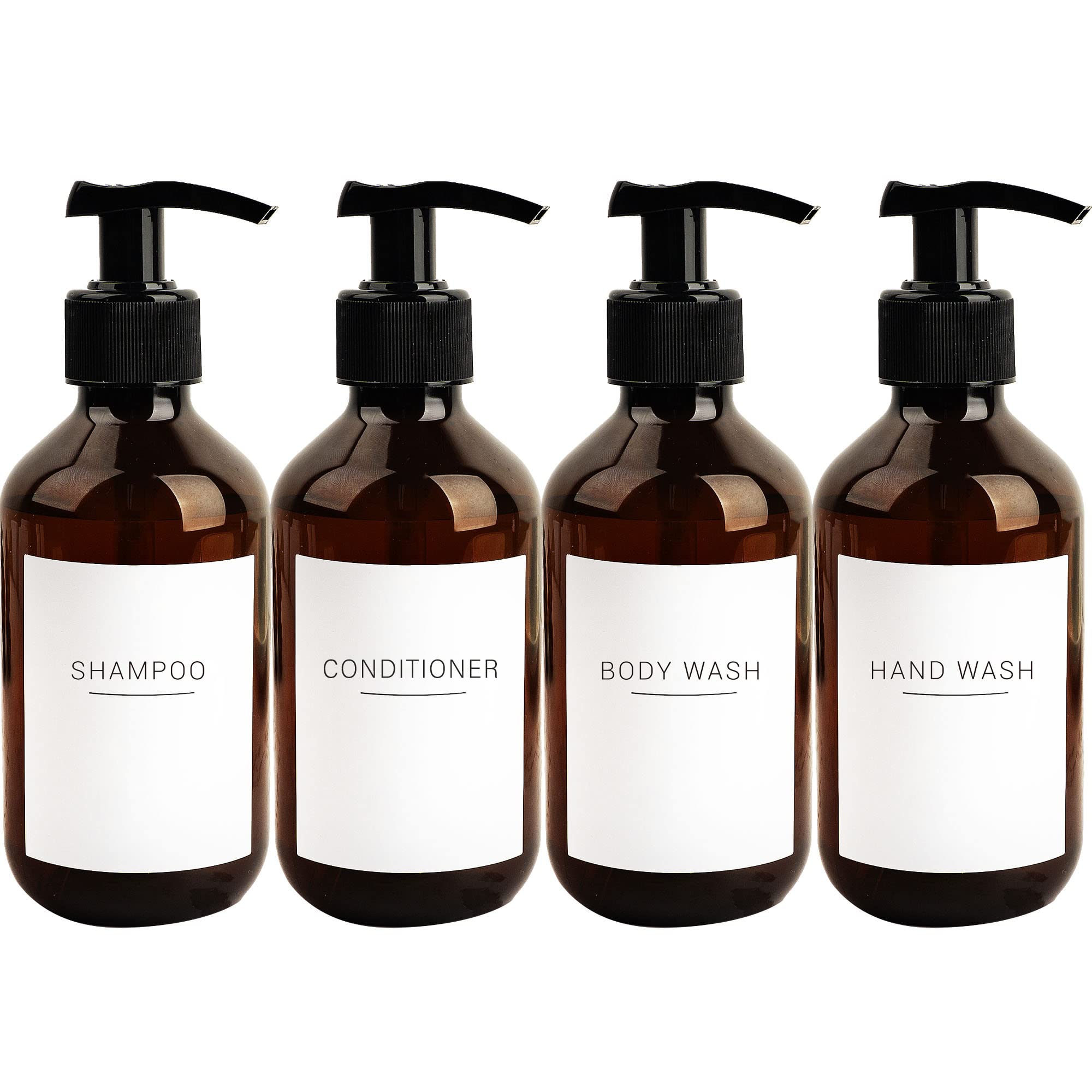 Ezebesta Soap Lotion Pump Dispensers with Labels 300ml Bathroom Brown Dispenser Bottles 4 Pieces with 22 Labels — image 1