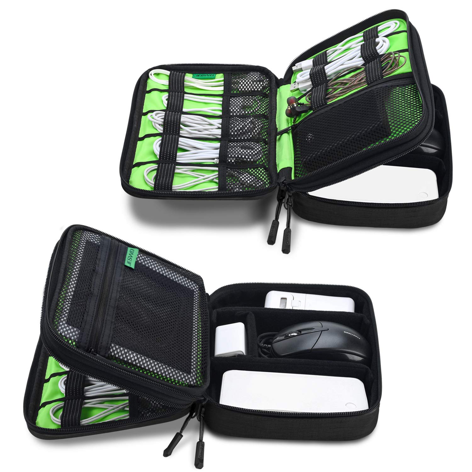 JESWO Electronic Organizer, Travel Cord Organizer, Electronic Accessories Double Layer Travel Organizer Bag for Cables, SD Cards, Hard Drive, Power Bank, iPad Mini (Up to 7.9\'\') and More - Black