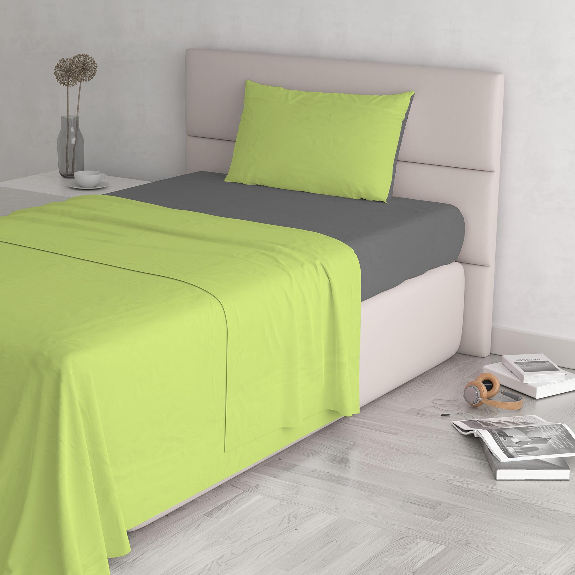 Italian Bed Linen Natural Color Bed Set (Flat 150x300, Fitted Sheet 90x200cm+Pillowcase 52x82cm), Petrol Bottle Green, Acid Smoke, SINGLE
