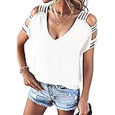 Remidoo Cold Shoulder Tops for Women V Neck Sexy Tops Short Sleeve Tie Dye Shirt Concert Outfits