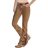 Flamingals Women's Floral Embroidery Mid Waist High Stretch Bootcut Jeans with Pockets