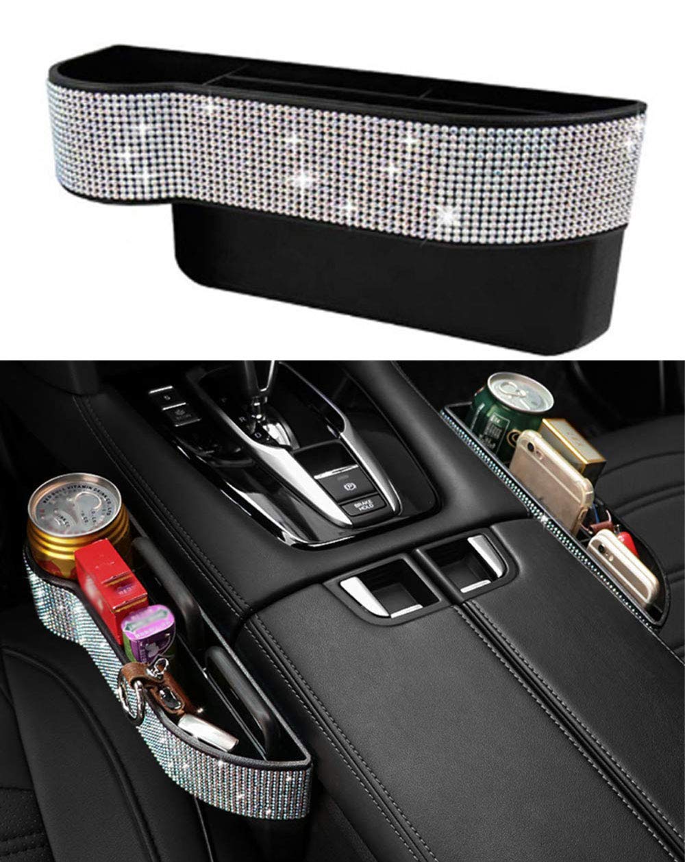 EGBANG Console Side Pocket, Diamond Crystal Car Seat Pockets Organizer Caddy Catcher Auto Filler Gap Bling Bling Car Console Side Pouchs for Cellphone Wallet Coin Key Credit Card (Driver Side (1 PC))