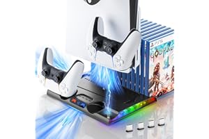 Honghao PS5 Slim Stand with Cooling Station and Dual Controller Charging Dock, Vertical PS5 Slim Cooling Fan Stand for Playstation 5 Slim Digital Disc Accessories (Black)