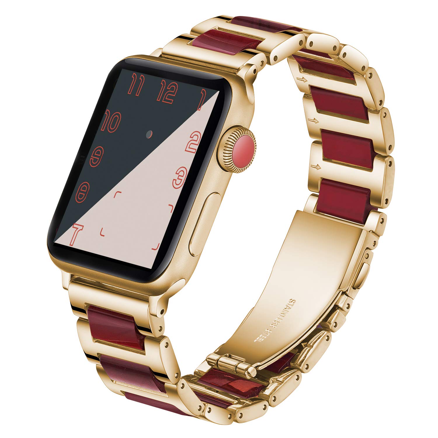 Caunedy Compatible with Apple Watch Strap 38MM/40MM/42MM/44MM,Solid Stainless Steel Metal Wristband Replacement for Series 5/4/3/2/1,Colourful Resin Bracelet Strap (38/40mm, Gold&Wine) — image 1