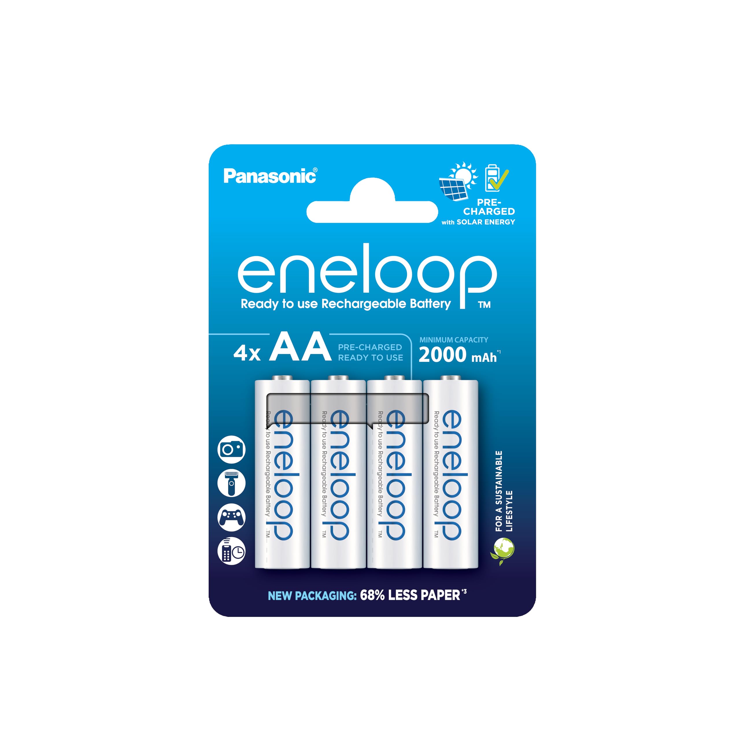 eneloop, AA/Mignon NI-MH Akku, 4er-Pack, Kapazität mit min. 2000 mAh, Ready-to-Use NI-MH Akkus, bis zu 2000 Mal wiederaufladbar, plastikfreier Verpackung