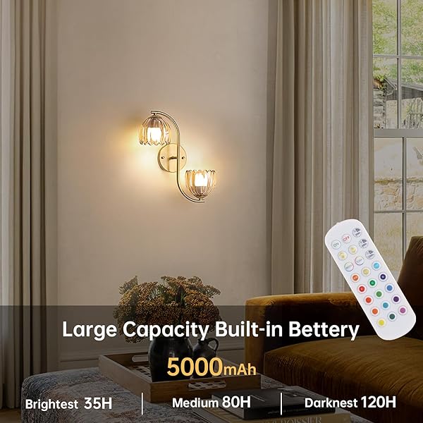 SHENMOYL BATTERY OPERATED WALL SCONCE, 2-LIGHTS VINATGE BRASS WALL LIGHTING UP AND DOWN WITH AMBER TULIP SHADE FOR LIVING ROOM, BEDROOM