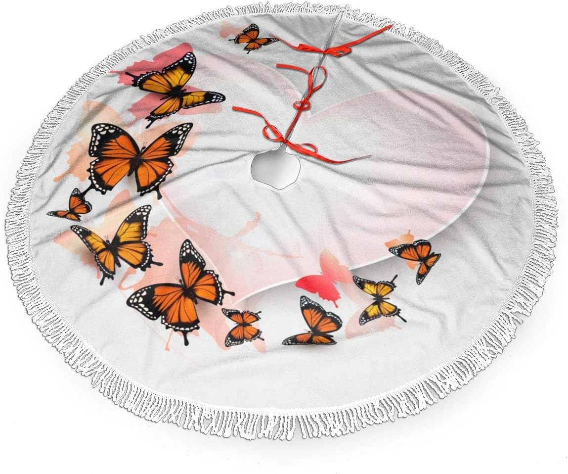Amazon Com Yangpi Colorful Butterfly Background Christmas Tree Skirt For Decor New Year Festive Holiday Party Decoration With White Fringed Lace Home Kitchen