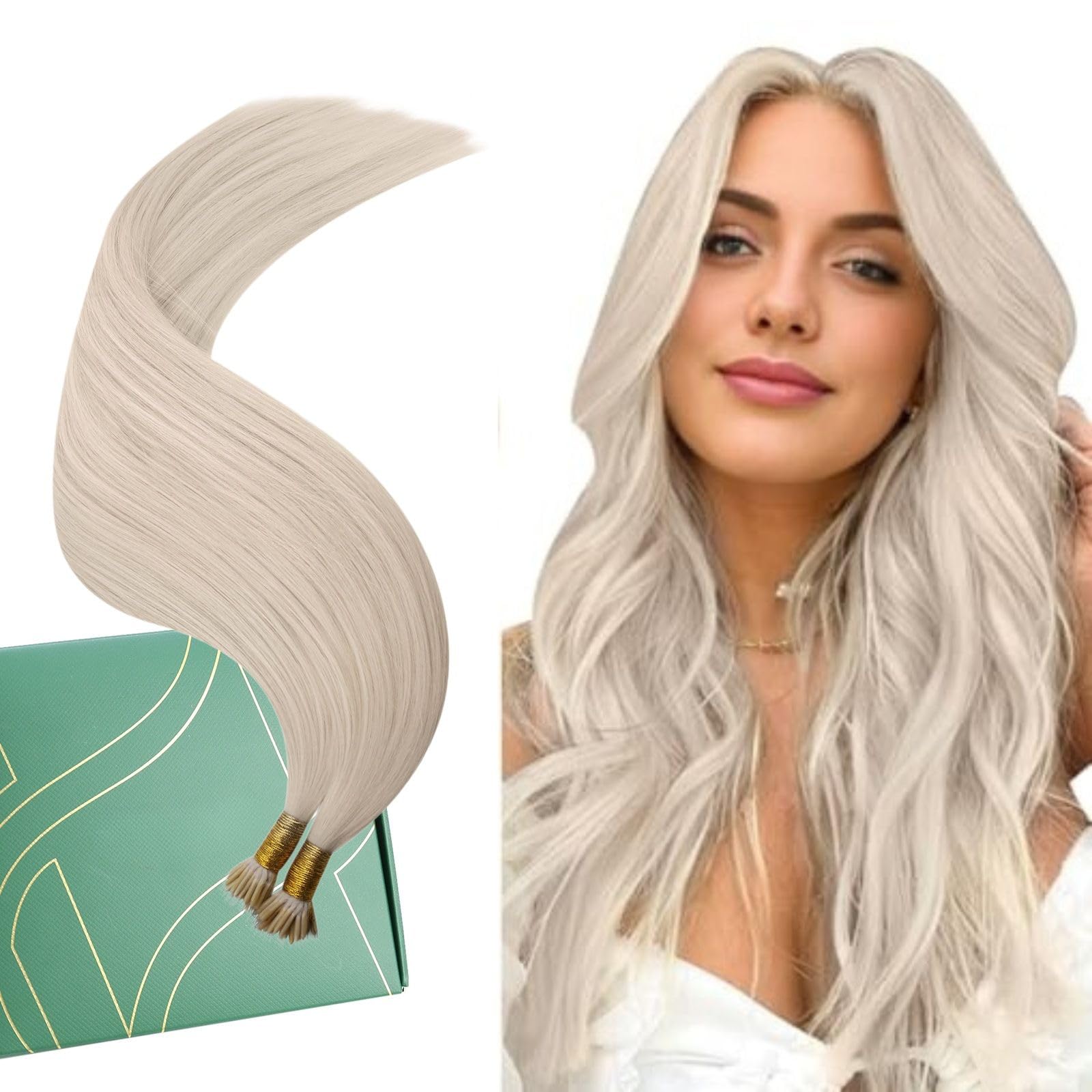 Ugeat Nano Ring Hair Extensions Real Human Hair Platinum Blonde 24 Inch Nano Beads Hair Extensions Human Hair Platinum Blonde 50S 50S — image 1