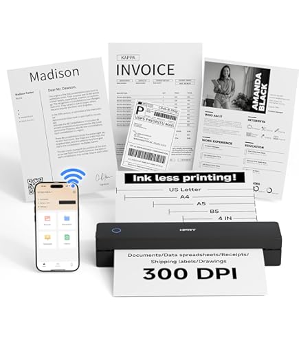 HPRT Draagbare draadloze printers voor reizen, MT800, ondersteuning 8,5 X 11 US Letter & A4-papier, thermische overdracht inktloze printers, Bluetooth-verbinding, compatibel met laptops en Android