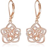 AOBOCO Rose Flower Leverback Dangle Earrings 925 Sterling Silver Flower Earrings for Women Lovers Wedding Elegant Jewelry Girlfriend Valentines Birthday Gifts