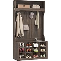 HOMCOM 4-In-1 Hall Tree with Bench and Shoe Storage, Farmhouse Entryway Coat Rack Shoe Bench with 12 Shoe Cubbies, 6 Hooks an