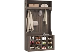 HOMCOM 4-In-1 Hall Tree with Bench and Shoe Storage, Farmhouse Entryway Coat Rack Shoe Bench with 12 Shoe Cubbies, 6 Hooks an