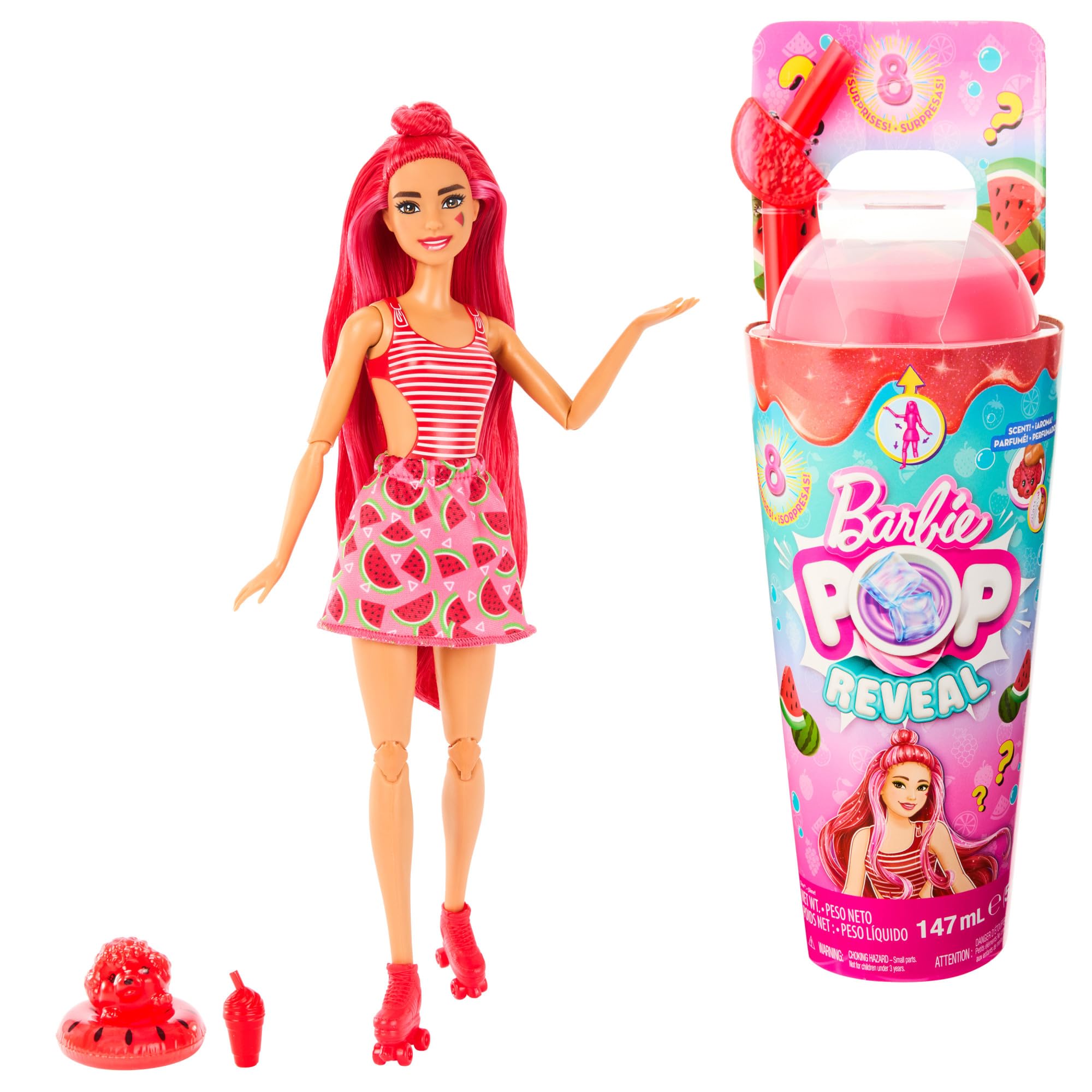 Barbie Pop Reveal Fruit Series Doll, Watermelon Crush Theme with 8 Surprises Including Pet & Accessories, Slime, Scent & Color Change, HNW43