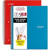 Five Star Spiral Notebook, 5 Subject, Wide Ruled Paper, 8" x 10-1/2", 200 Sheets, Tidewater Blue &amp; Fire Red, 2 Pack (930082)