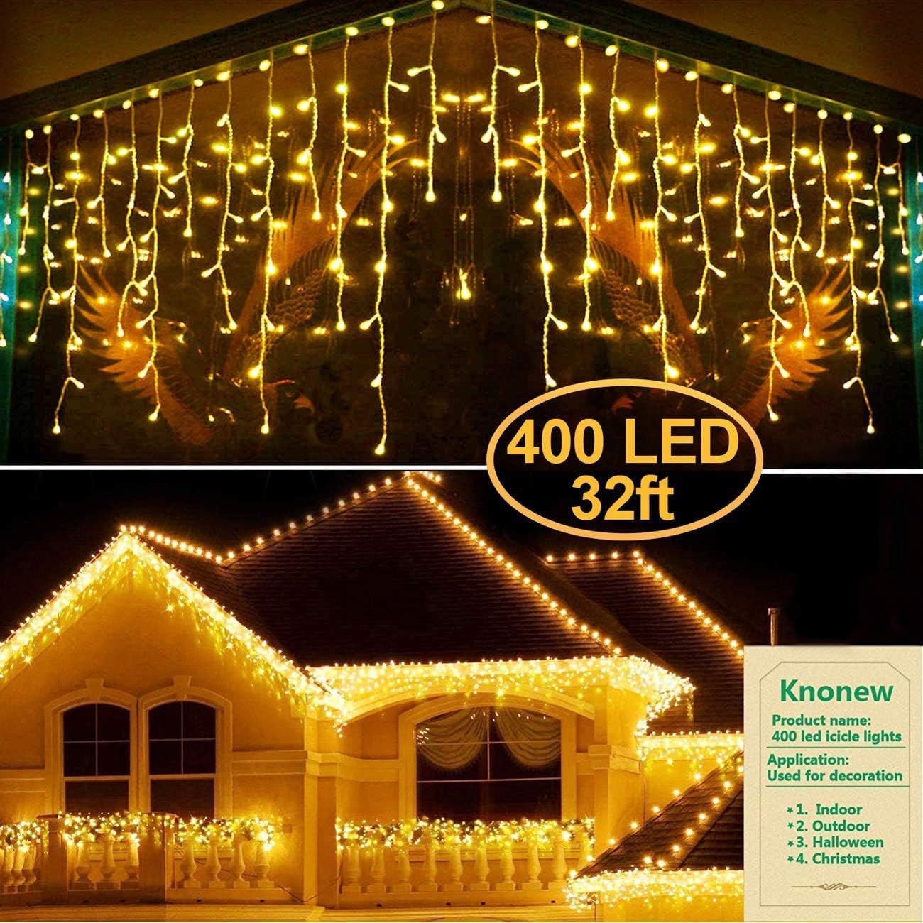 KNONEW LED Icicle Lights, 400 LEDs, 32ft, 8 Modes, Curtain Fairy Light