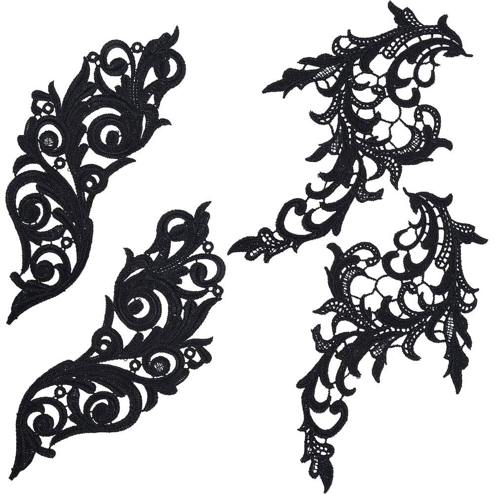 GORGECRAFT 4Pcs 2 Styles Leaves Embroidered Appliques Lace Fabric Black Leaf Flower Sew on Patches DIY Wedding Dress Collar Neckline Trims Applique for Sewing Clothing Hat Bag Jeans Pillow Accessories
