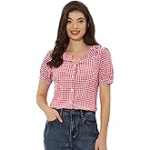 Allegra K Plaid Blouse for Women's Puff Sleeve Ruffle Peter Pan Collar Shirt Top