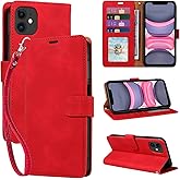 JHWVVTF for iPhone 11 Case Wallet, [RFID Blocking 4 Card Slots] Phone Stand, Wrist Strap, Magnetic Closure, Soft Leather Shockproof Protective Flip Cases Cover (Red)
