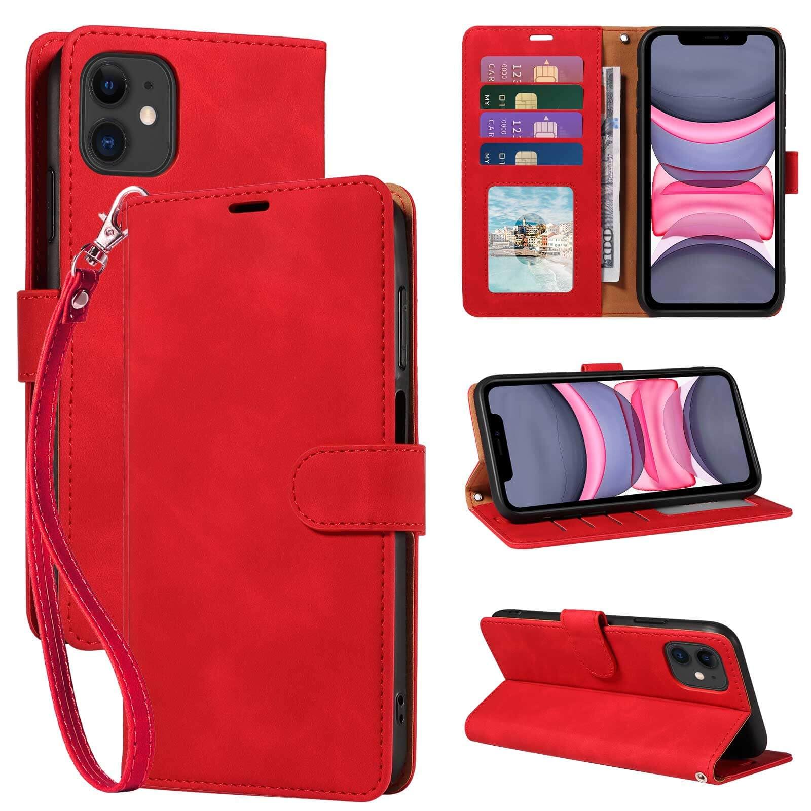 GOTOURED Red Wallet Phone Case for iPhone 11, RFID Blocking 4 Card Slots, Wrist Strap, Kickstand, Magnetic Closure, Shockproof Protective, Soft Leather Flip Cover Case