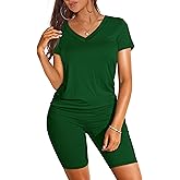 WIHOLL Two Piece Outfits for Women Short Sleeve V Neck Biker Shorts Set 2026