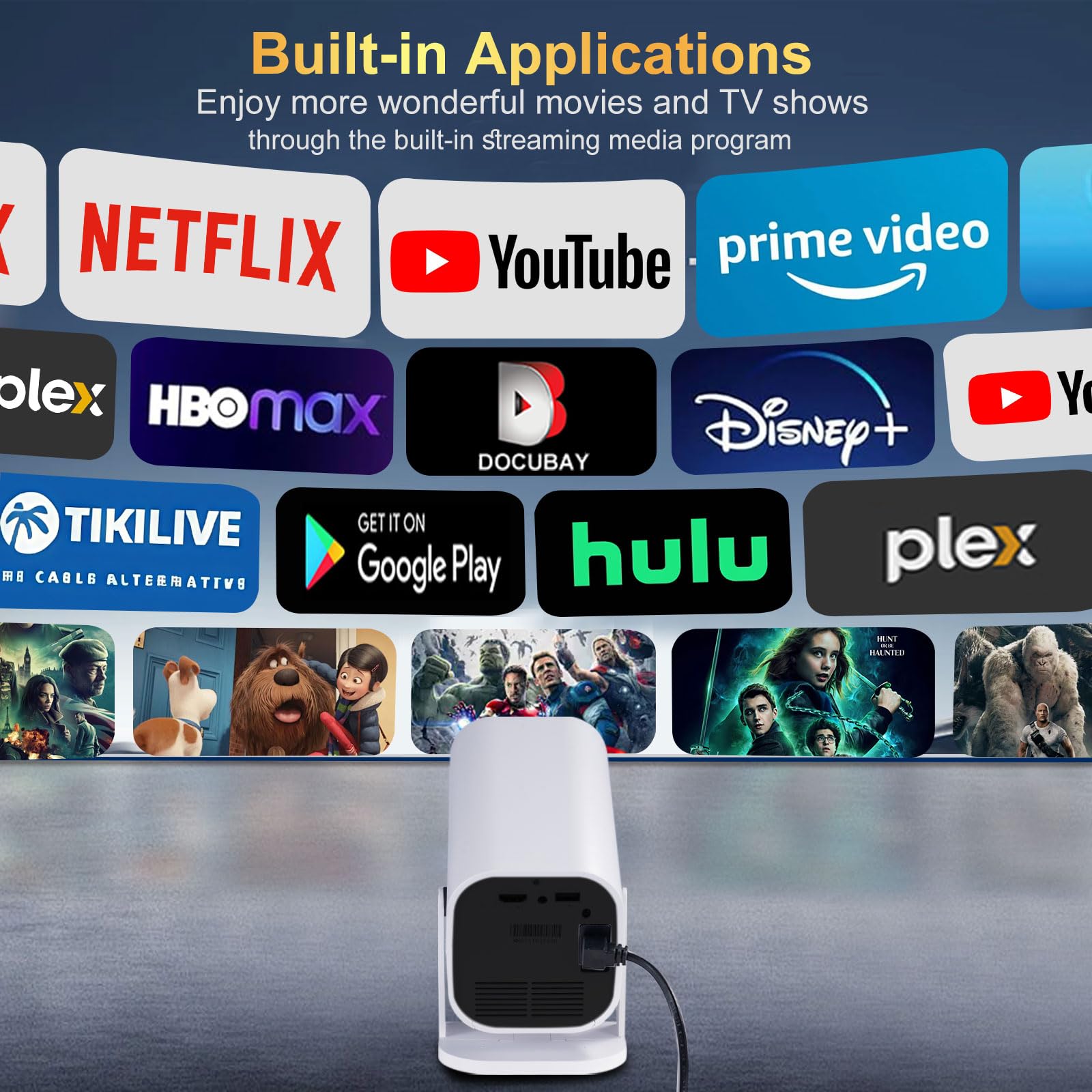 【Aplicaciones integradas, enfoque eléctrico y rotación de 210°】Mini proyector con WiFi y Bluetooth, proyector portátil 1080P, proyector de películas para dormitorio, compatible con teléfonos inteligentes/TV Stick/iPad/PS5/portátil/HDMI/USB