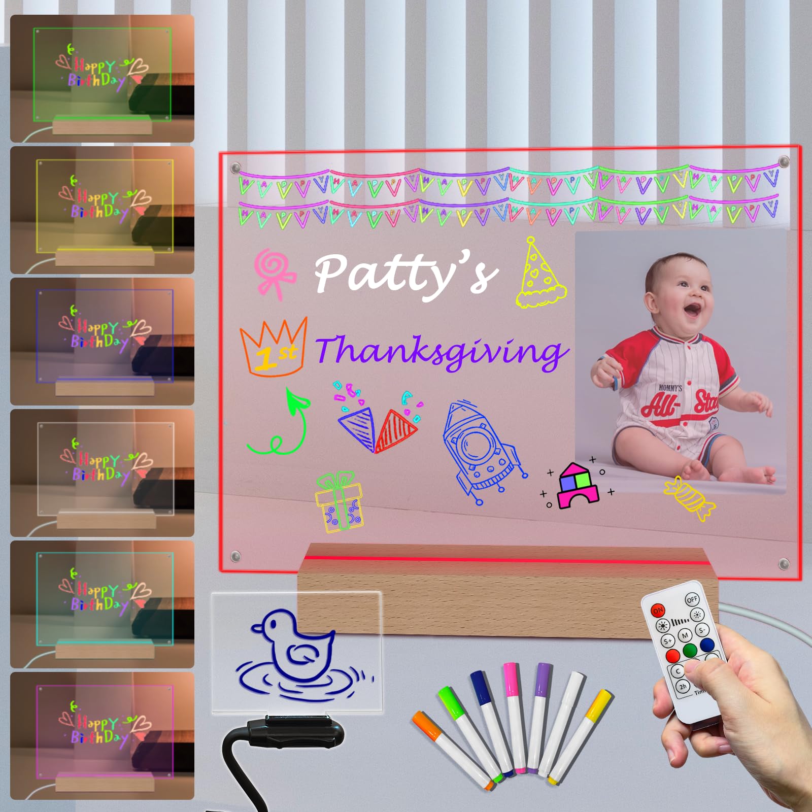 Acrylic Picture Frame Message Board 11.81x8.26Inch Timing Illuminated Night Light with Glowing Wooden Base 7 Lighting Color Lamp with Remote Control Tabletop Decor Gift Concert Ticket Collection