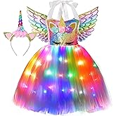 Cuteshower Unicorn Tutu Costume for Girls Halloween LED Light Unicorn Dress Birthday Party Outfit Princess Dress with Wings