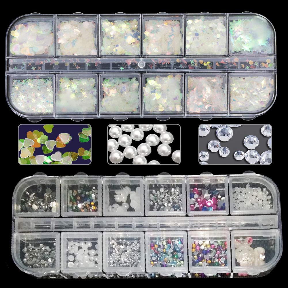 24 boxes of Holographic Iridescent Nail Sequins and Mixed Nail Art Rhinestone Mermaid Colorful Flakes Nail Art Sticker Glitter Make Up for Face Body Eyes