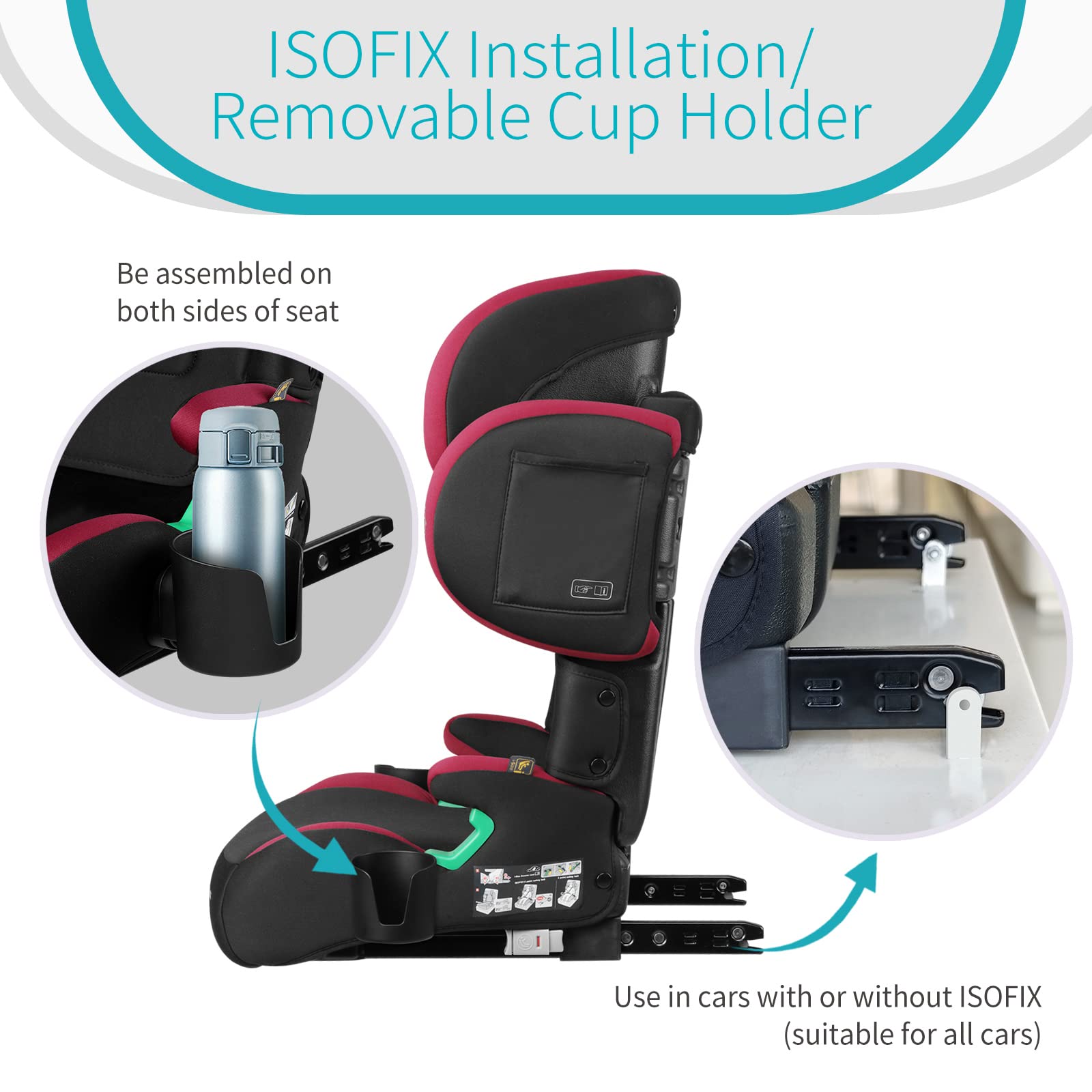 globalkids Kindersitz 15-36kg, Kinderautositz mit Isofix, i-Size R129 Kindersitzerhöhung,ca. 3,5 bis 12 Jahre (100 bis 150 cm),Armlehnen und Kopfstütze höhenverstellbar, leicht, mit Getränkehalter 3