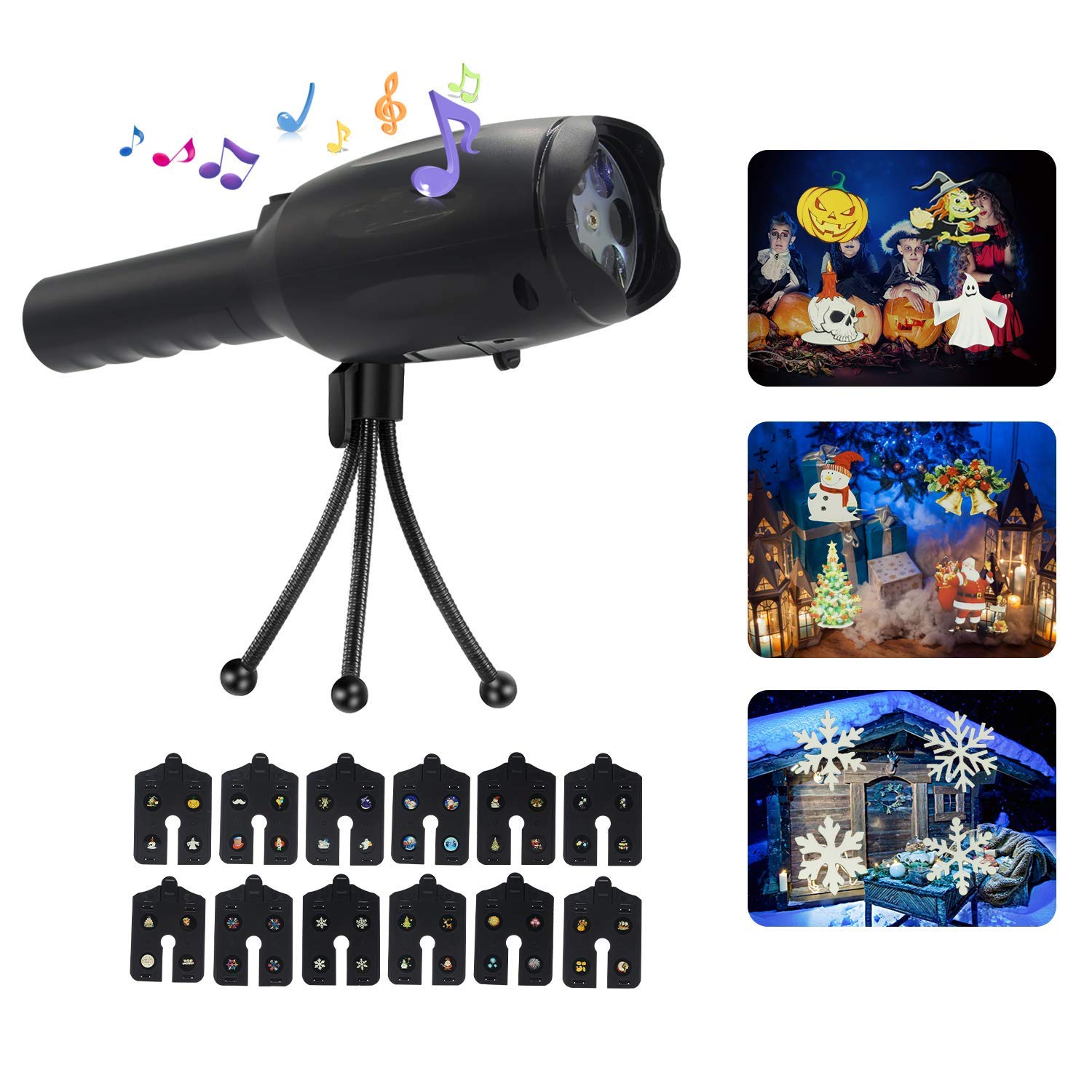 LED-Projektor für Weihnachten, Handheld-LED-Projektor 12 Folienmuster mit Musik für Geburtstag, Halloween, Weihnachten, Neujahr