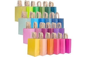 qiqee Small 24Pcs Paper Gift Bags with Handles - Kraft Colorful Party Bags - 24 Solid Colors（8.3"x6"x3.15"）