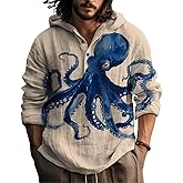 BIVENANT Mens Graphic Hoodies Henley Sweatshirt Hooded Button Down Japanese Art Oversized Hoodie Long Sleeve Shirts