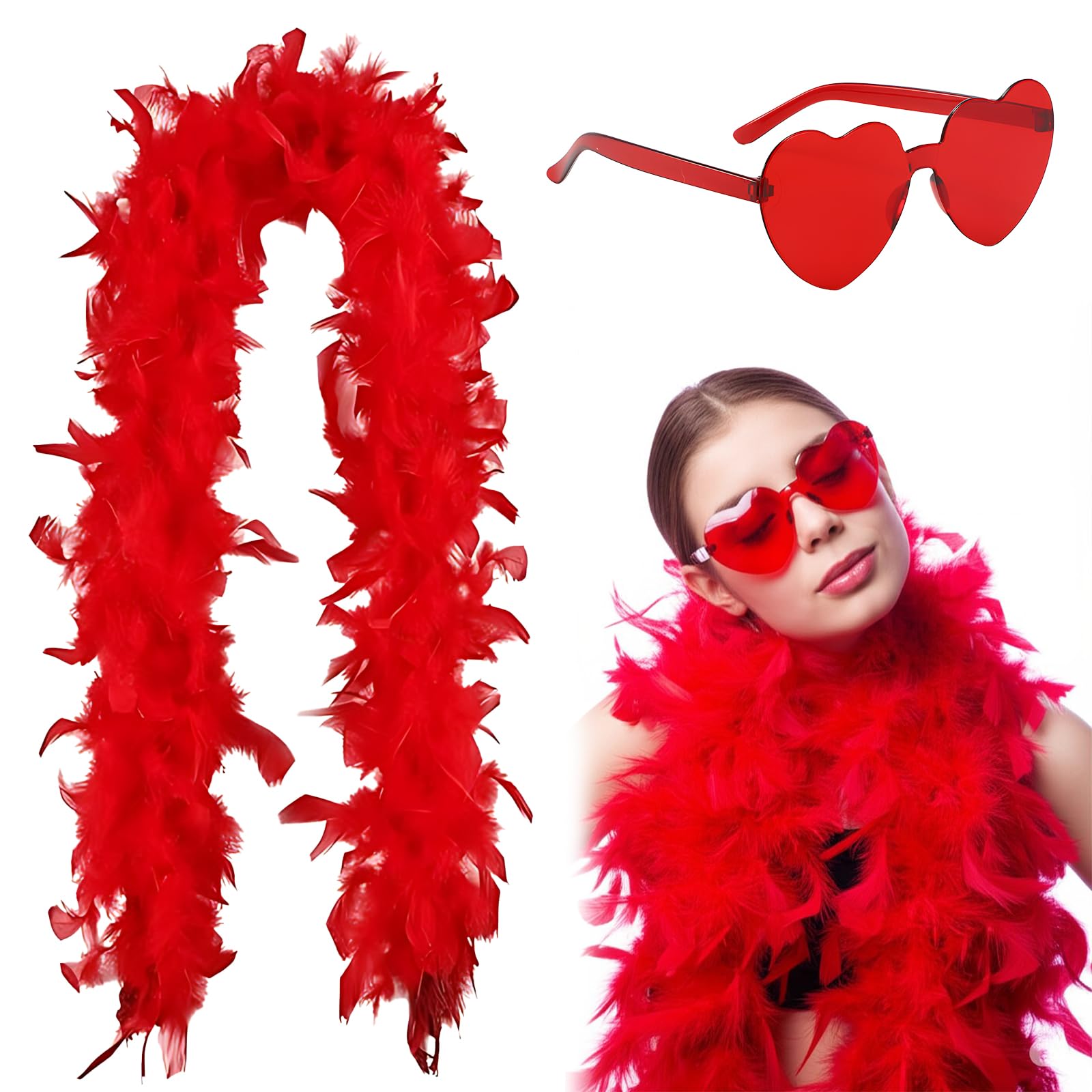 PonFxp Red Feather Boa, Party Accessories for Adults, Includes Glasses, Perfect for Various Celebrations and Holidays, Soft and Vibrant Feather Boa for Costumes and Events