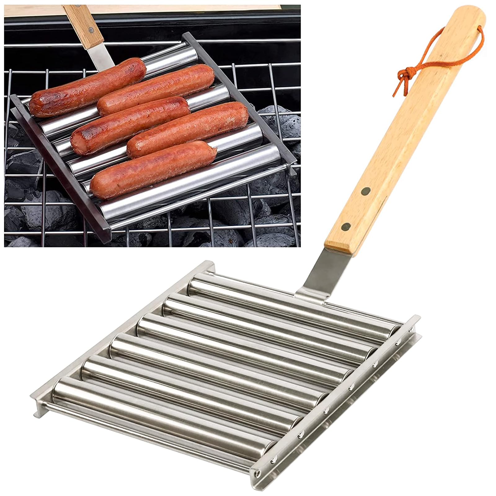 KAYCROWN Hot Dog Roller - Stainless Steel Sausage Rack With Extra Long Wood Handle, BBQ Griller for Evenly Cooked Dogs, 5 Capacity